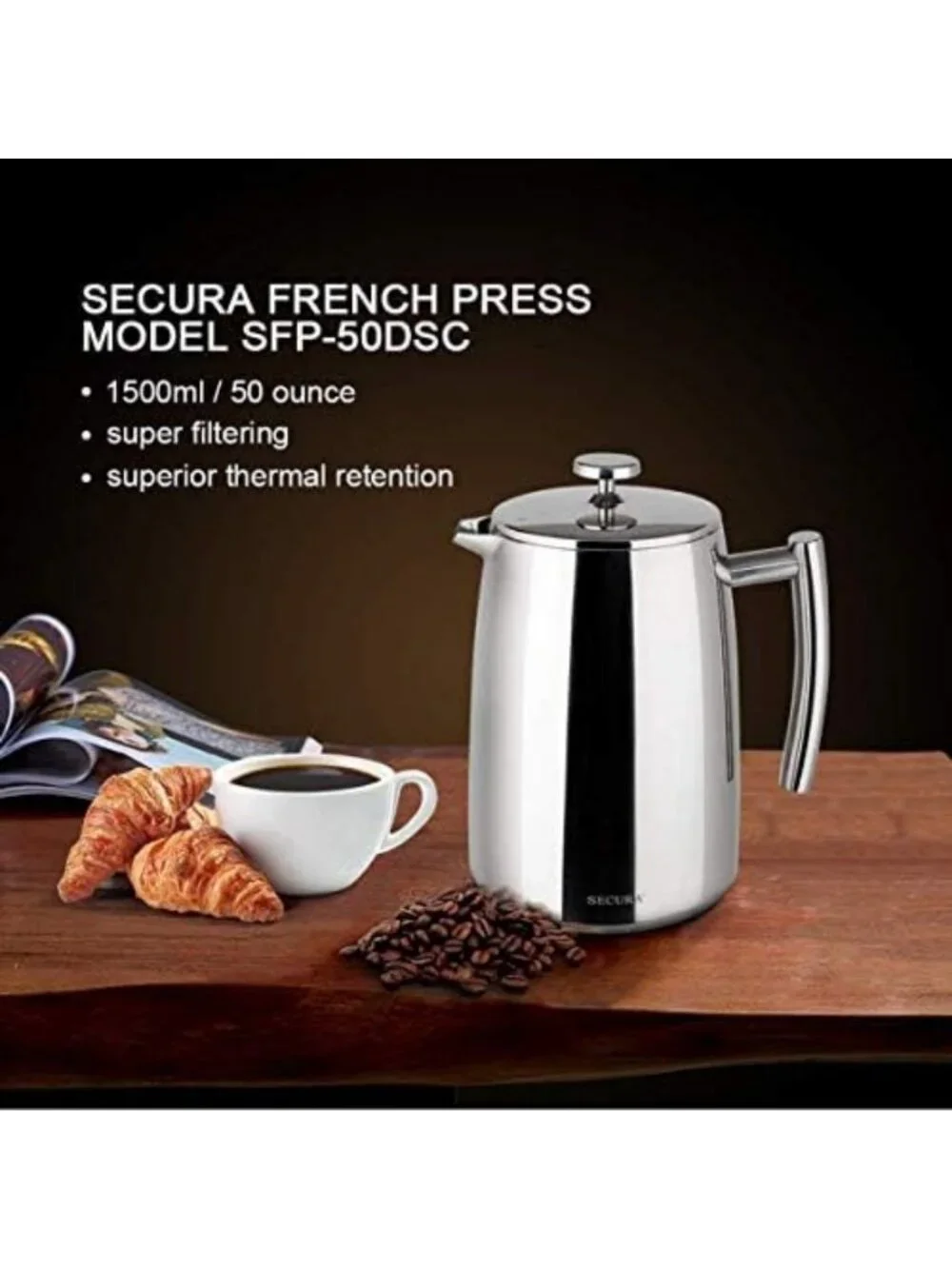 50-Ounce Stainless Steel French Press Coffee Maker - Insulated, Extra Screen